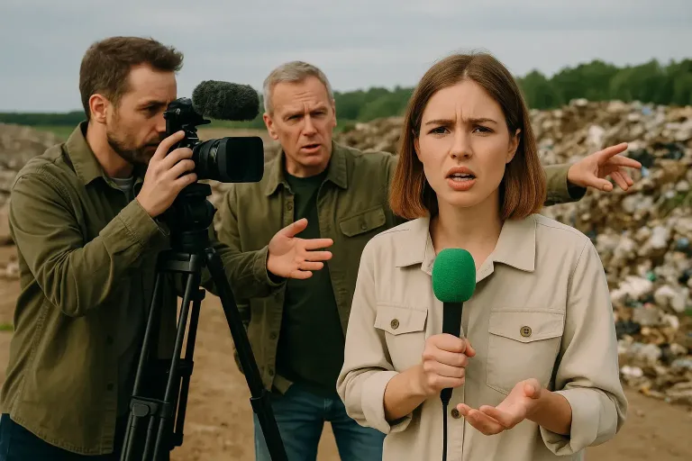 блогер снимает репортаж на фоне свалки с оператором и наставником