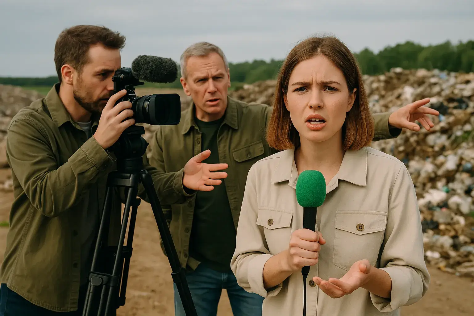 блогер снимает репортаж на фоне свалки с оператором и наставником