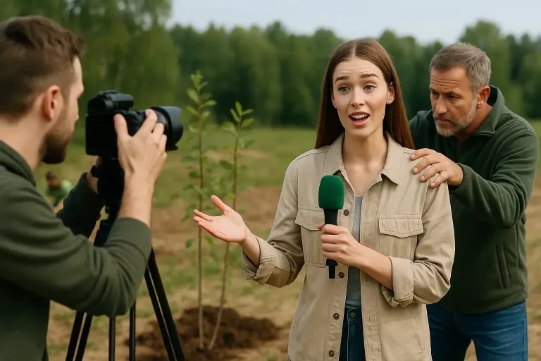 блогер ведёт репортаж о посадке деревьев